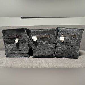 Set of 3 Collapsible Felt Woven Basket Grey Large Pleather Handles NEW storage ￼